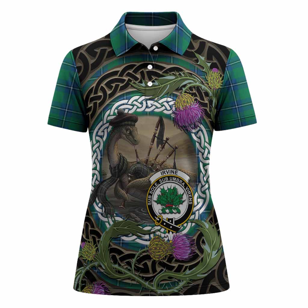Irvine Tartan Crest Bagpipe Nessie Women Polo Shirt Scottish Loch Ness Monster Celtic Thistle