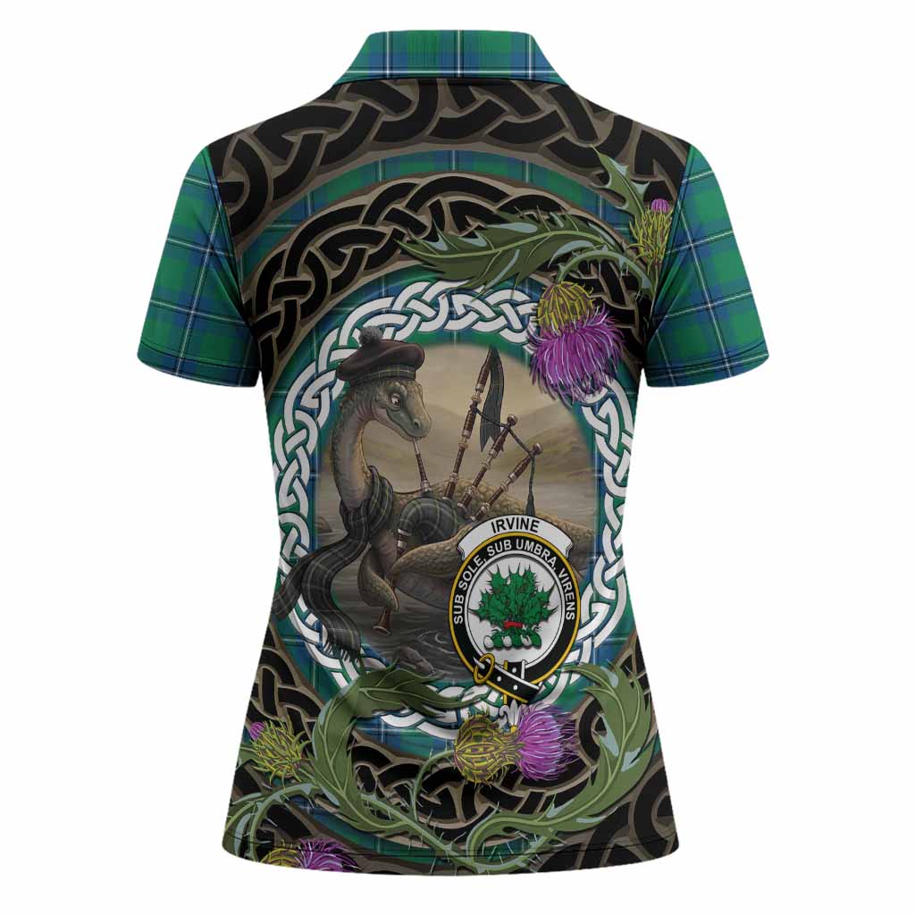 Irvine Tartan Crest Bagpipe Nessie Women Polo Shirt Scottish Loch Ness Monster Celtic Thistle