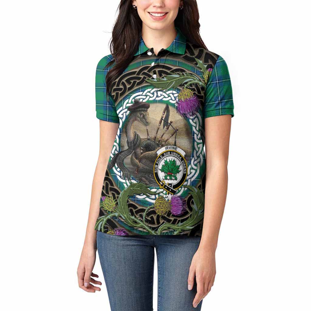 Irvine Tartan Crest Bagpipe Nessie Women Polo Shirt Scottish Loch Ness Monster Celtic Thistle