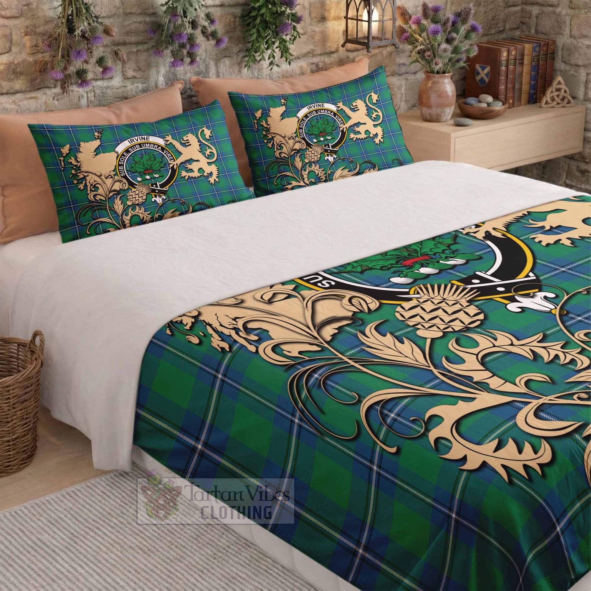 Irvine Tartan Crest Bedding Set with Scottish Iconic Symbols 