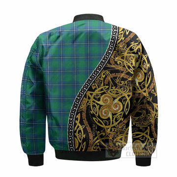 Irvine Tartan Crest Bomber Jacket Celtic Knot and Triple Trickle Spiral Symbols
