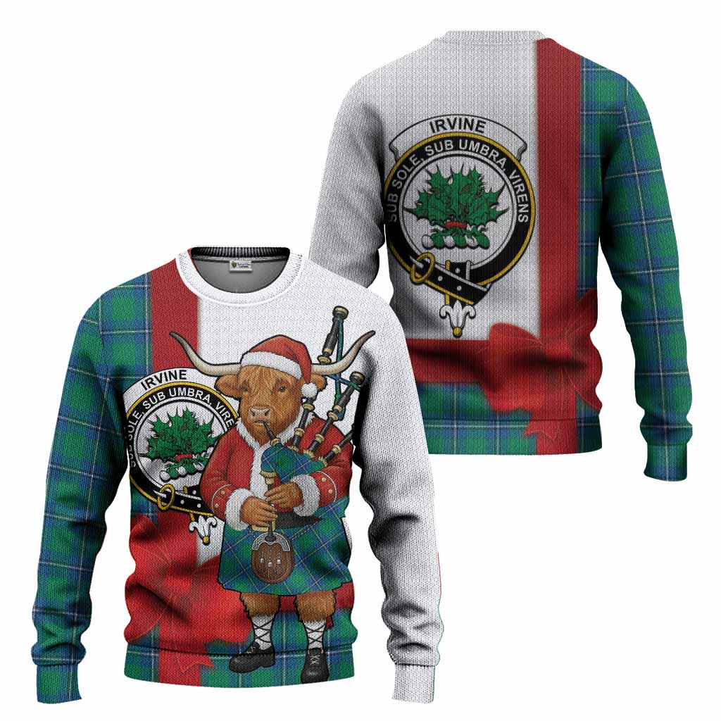Irvine Tartan Crest Christmas Christmas Ugly Sweater Highland Cow Bagpipes Coquette Bow Style