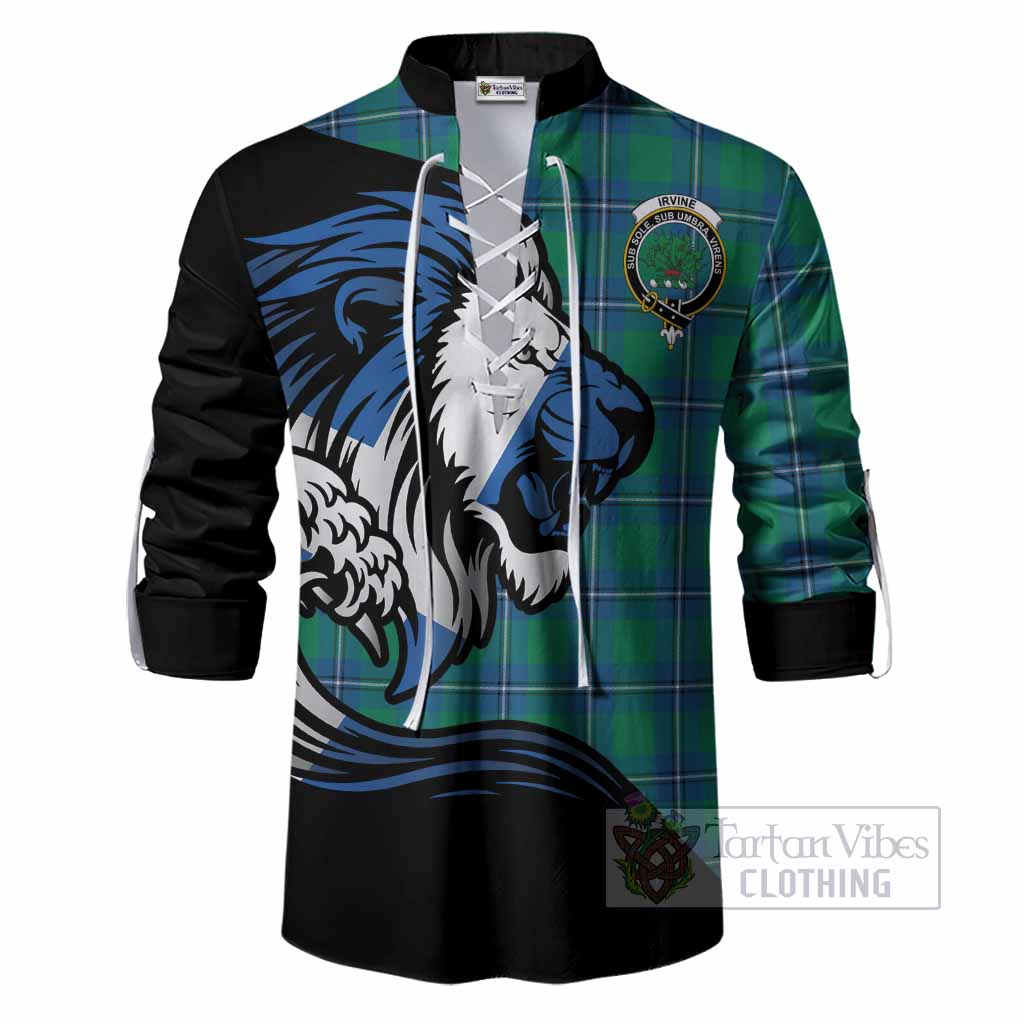Irvine Tartan Crest Ghillie Shirt Scottish Golden Lions Wave Flow