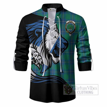 Irvine Tartan Crest Ghillie Shirt Scottish Golden Lions Wave Flow
