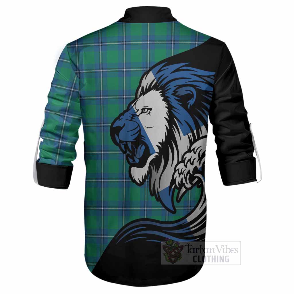 Irvine Tartan Crest Ghillie Shirt Scottish Golden Lions Wave Flow