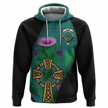 Irvine Tartan Crest Hoodie Celtic Cross Thistle Flowers