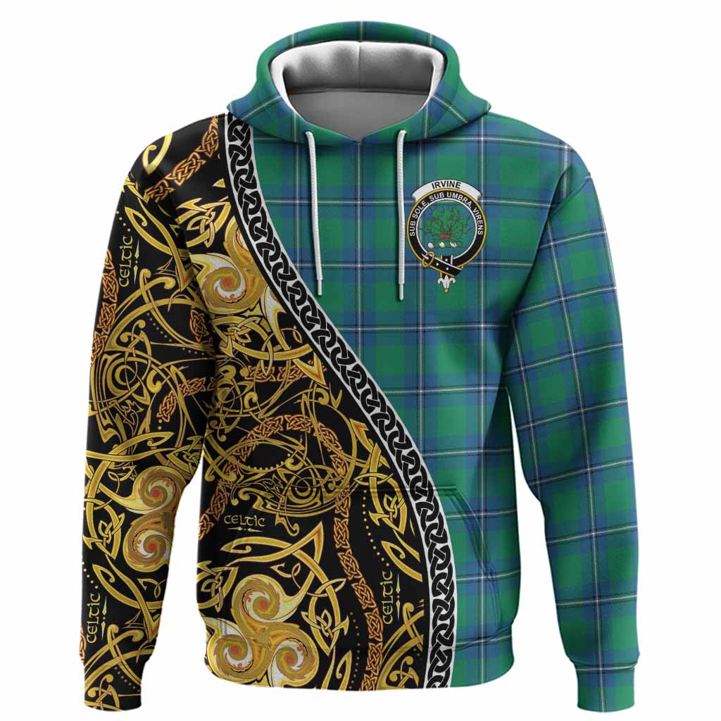 Irvine Tartan Crest Hoodie Celtic Knot and Triple Trickle Spiral Symbols