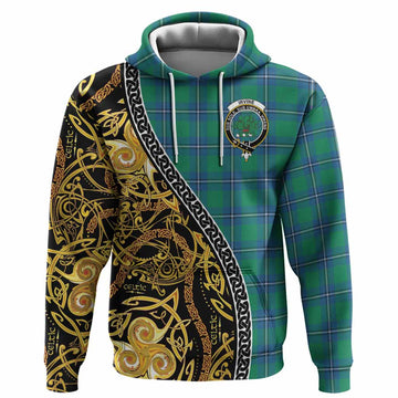 Irvine Tartan Crest Hoodie Celtic Knot and Triple Trickle Spiral Symbols