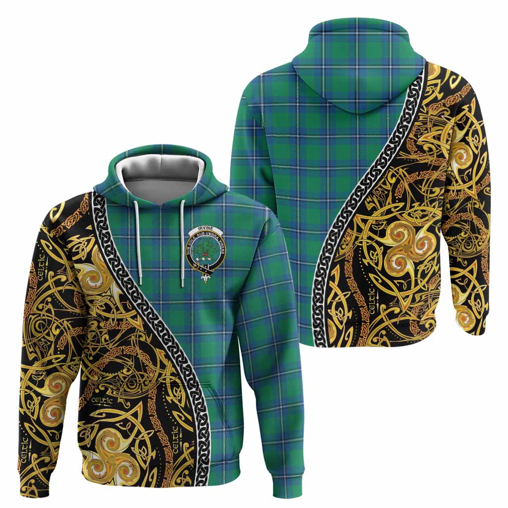Irvine Tartan Crest Hoodie Celtic Knot and Triple Trickle Spiral Symbols