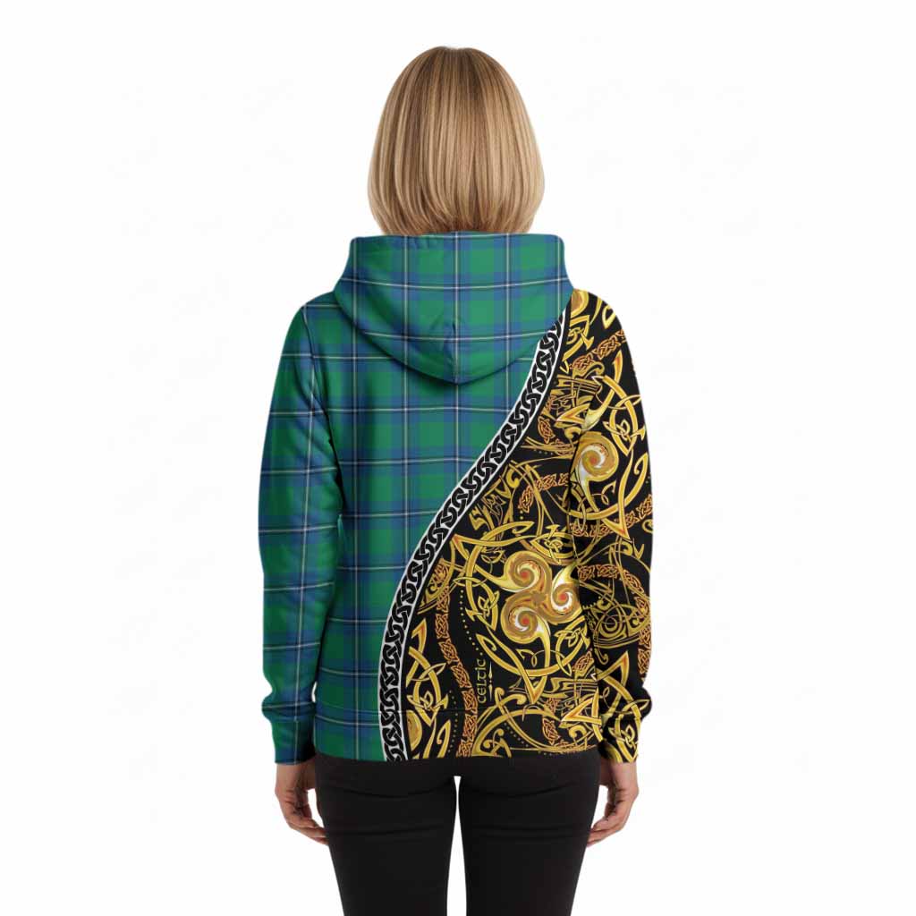 Irvine Tartan Crest Hoodie Celtic Knot and Triple Trickle Spiral Symbols