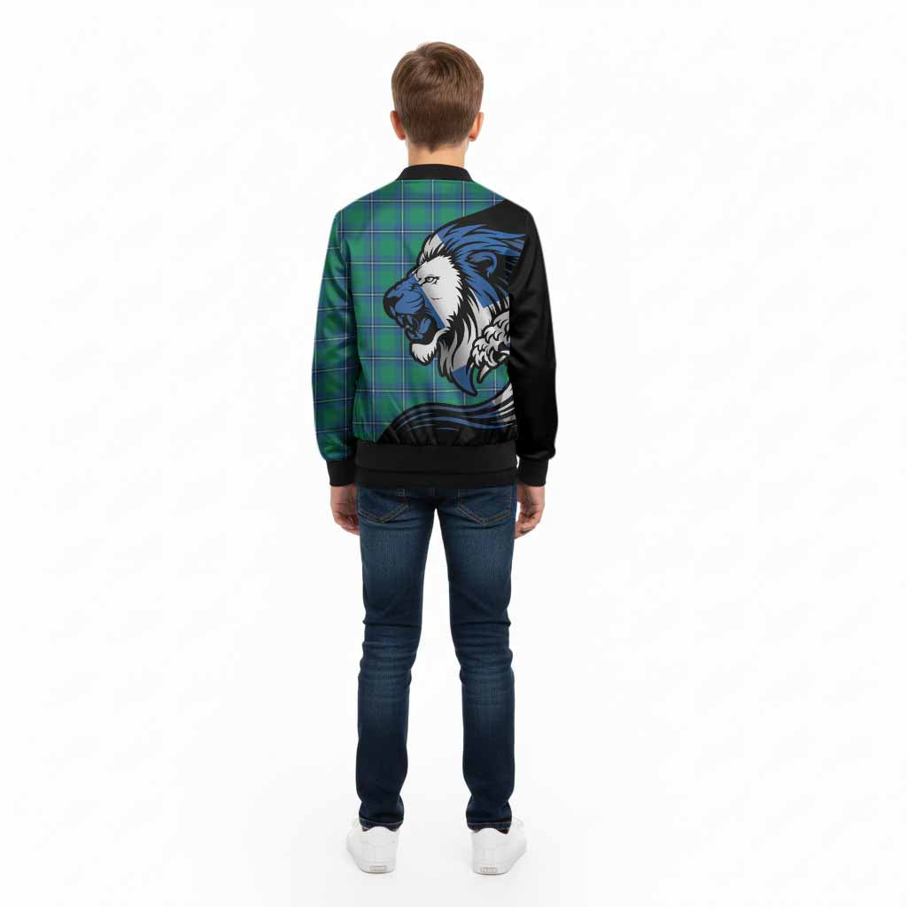 Irvine Tartan Crest Kid Bomber Jacket Scottish Golden Lions Wave Flow