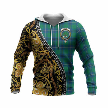 Irvine Tartan Crest Knitted Hoodie Celtic Knot and Triple Trickle Spiral Symbols