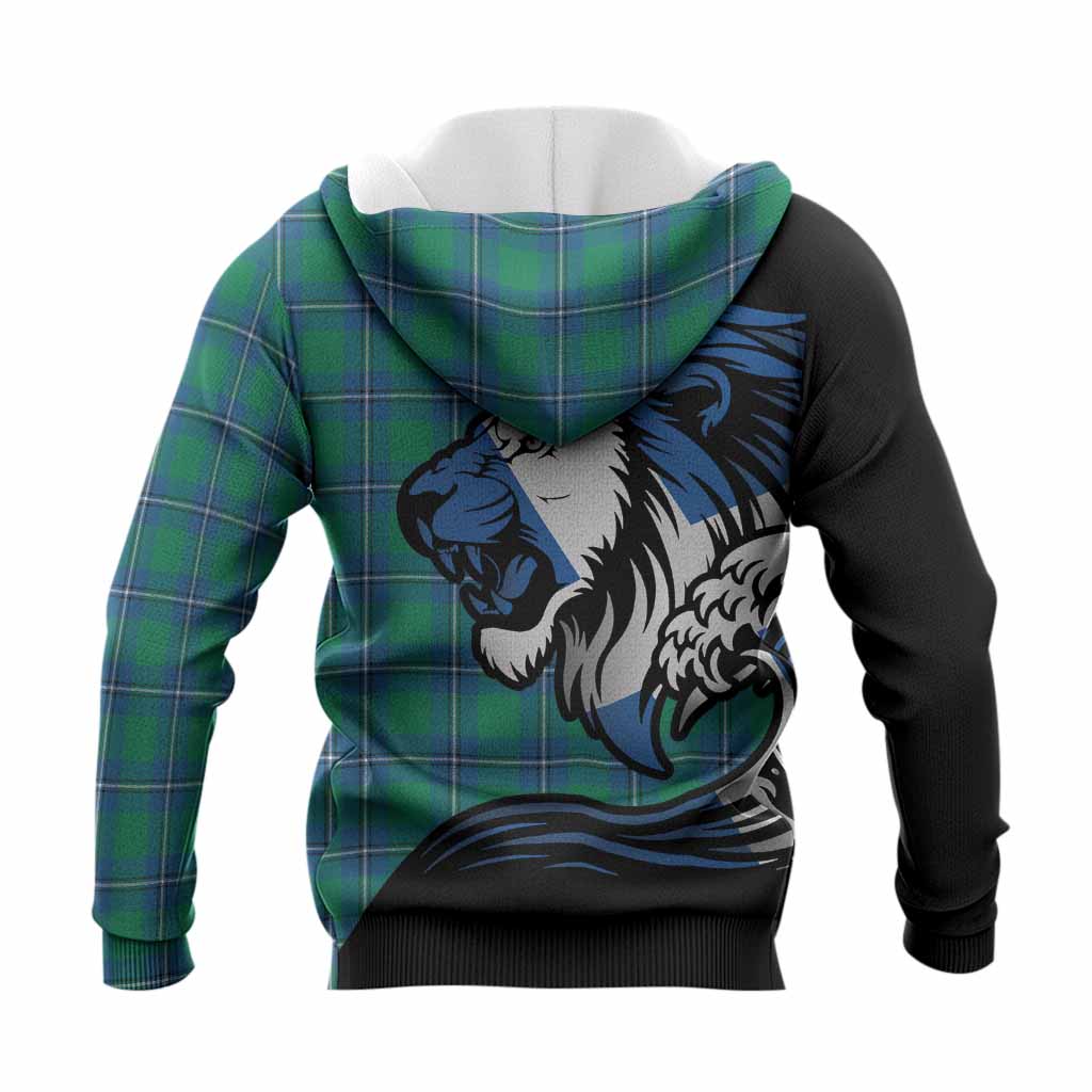 Irvine Tartan Crest Knitted Hoodie Scottish Golden Lions Wave Flow