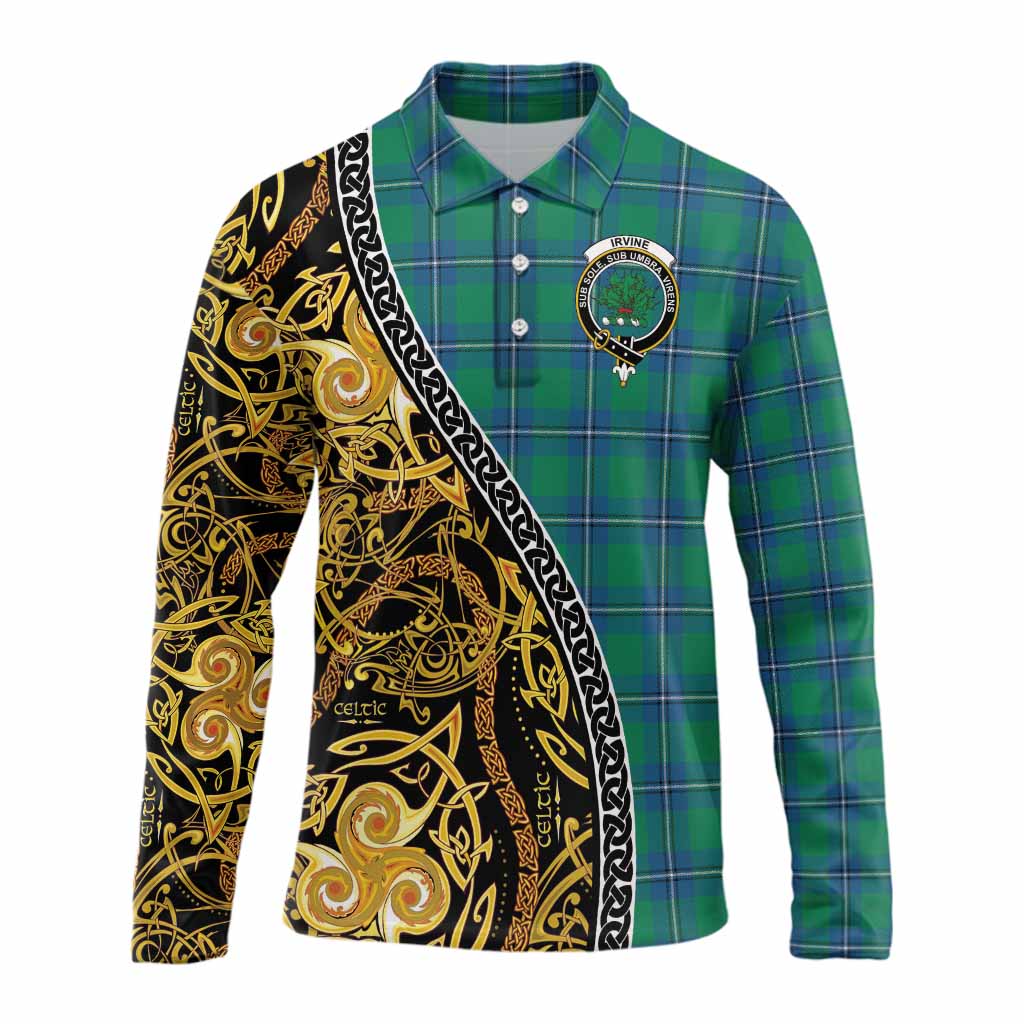 Irvine Tartan Crest Long Sleeve Polo Shirt Celtic Knot and Triple Trickle Spiral Symbols