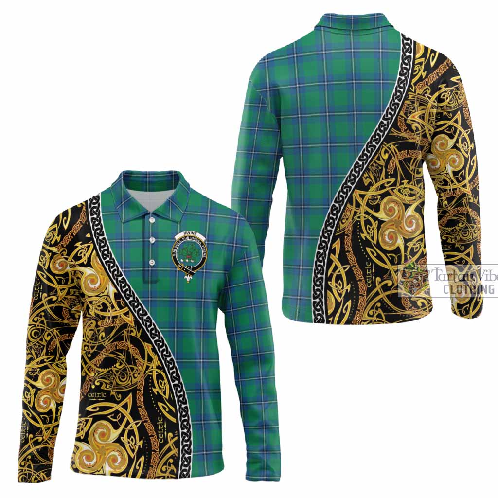 Irvine Tartan Crest Long Sleeve Polo Shirt Celtic Knot and Triple Trickle Spiral Symbols