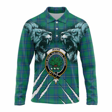 Irvine Tartan Crest Long Sleeve Polo Shirt Ferocious Lion Style