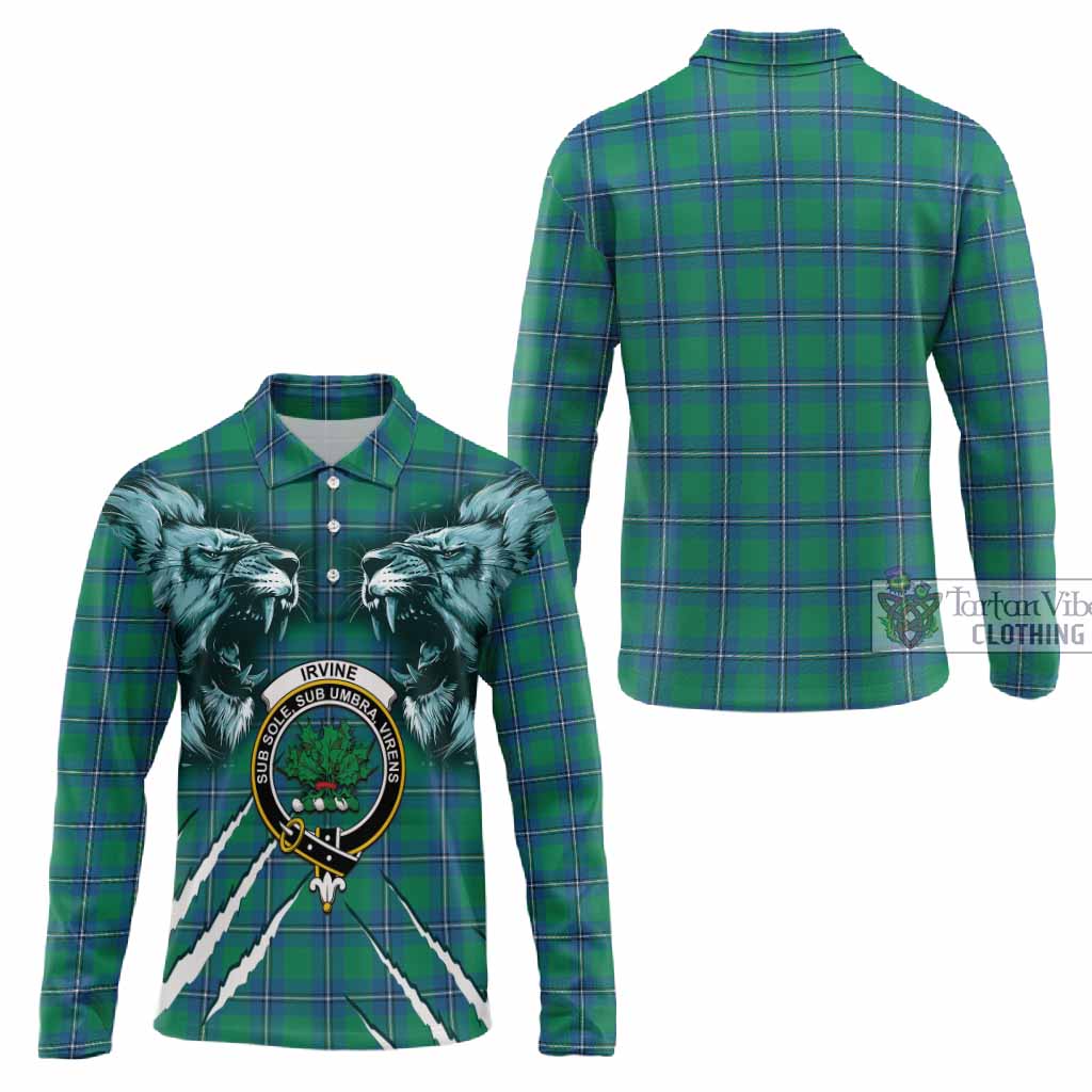 Irvine Tartan Crest Long Sleeve Polo Shirt Ferocious Lion Style