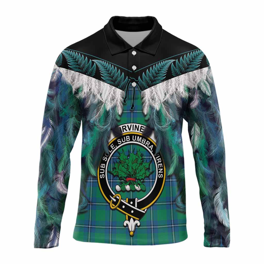 Irvine Tartan Crest Long Sleeve Polo Shirt New Zealand Maori Korowai Cloak