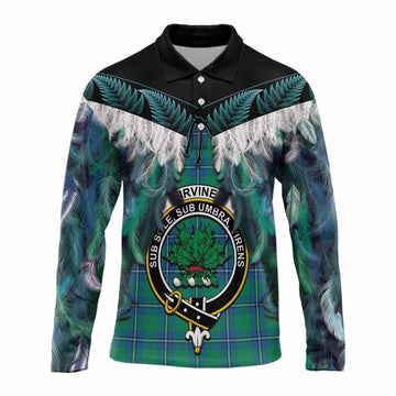 Irvine Tartan Crest Long Sleeve Polo Shirt New Zealand Maori Korowai Cloak