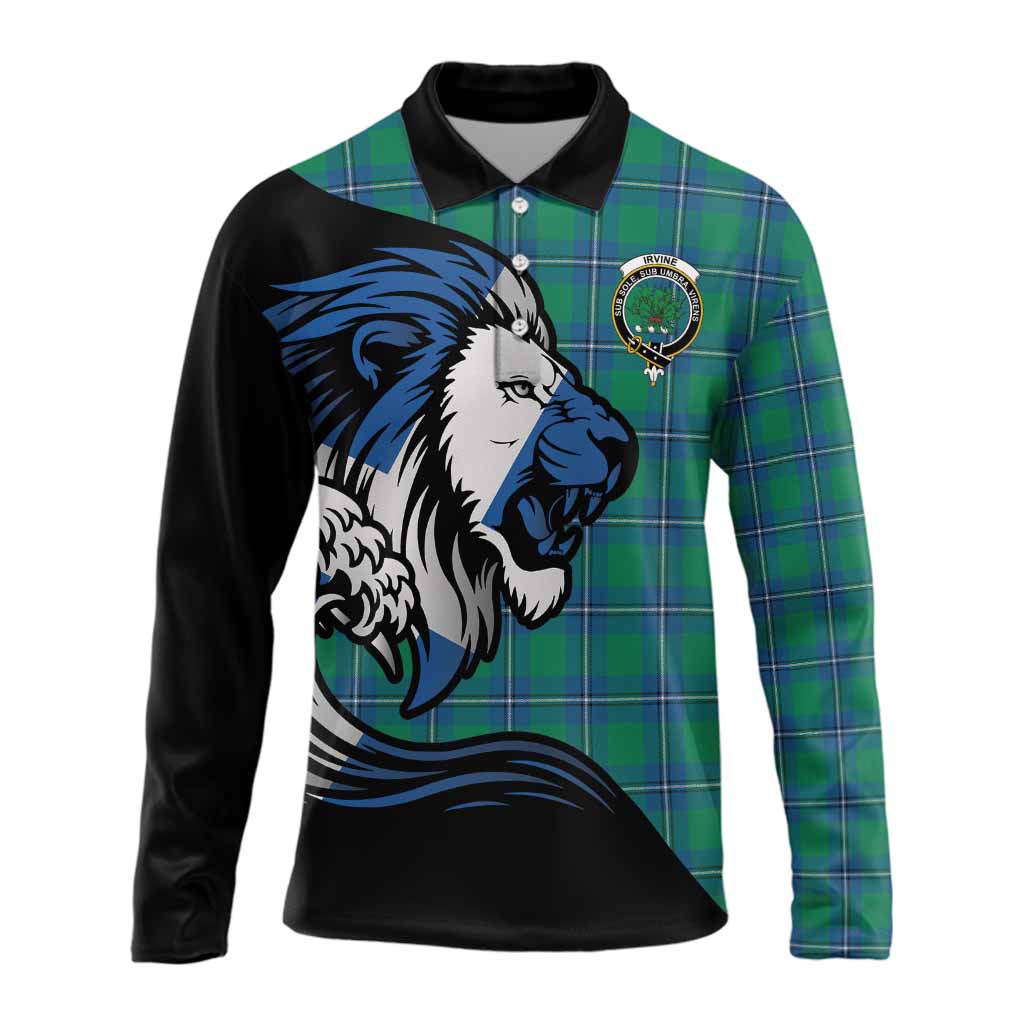 Irvine Tartan Crest Long Sleeve Polo Shirt Scottish Golden Lions Wave Flow