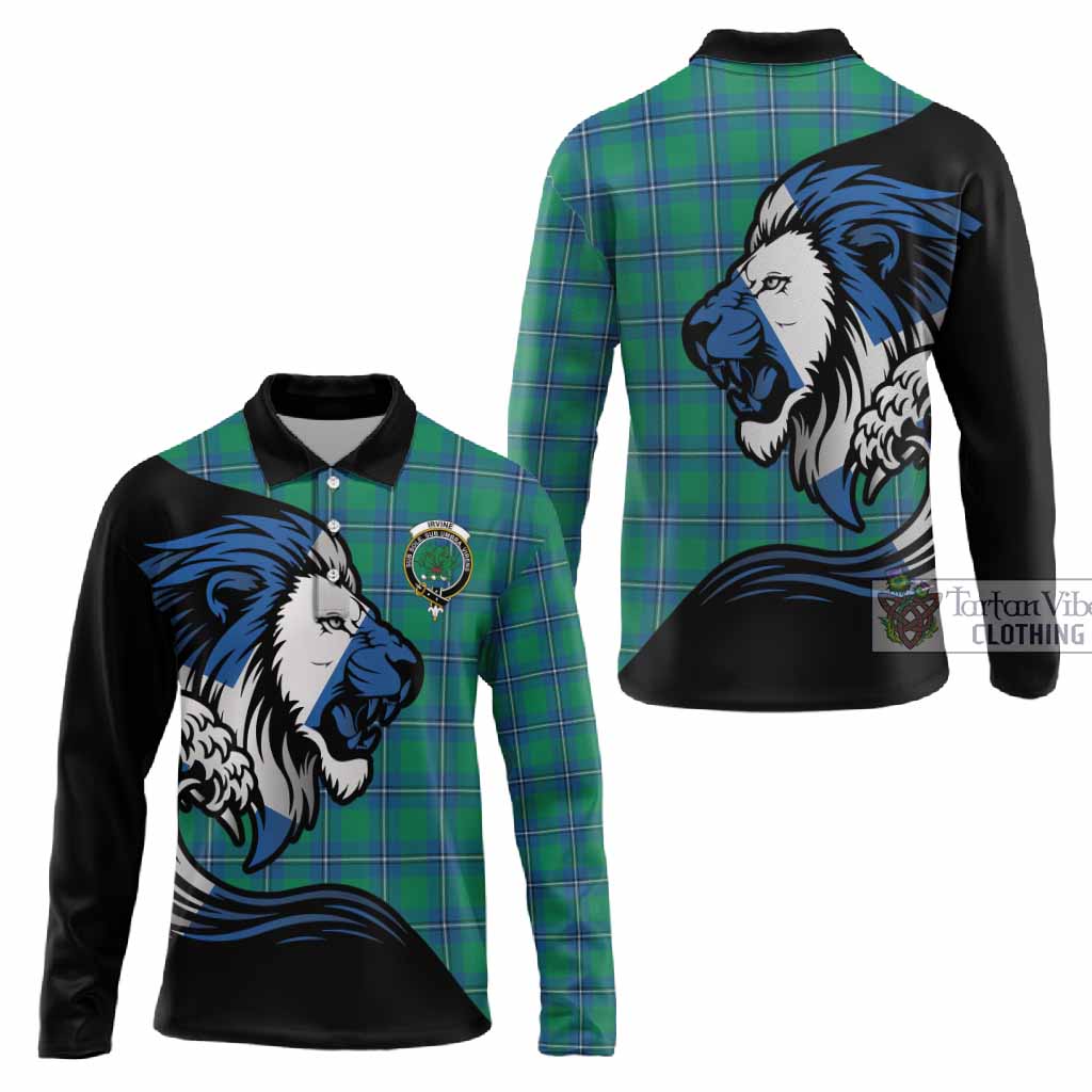 Irvine Tartan Crest Long Sleeve Polo Shirt Scottish Golden Lions Wave Flow