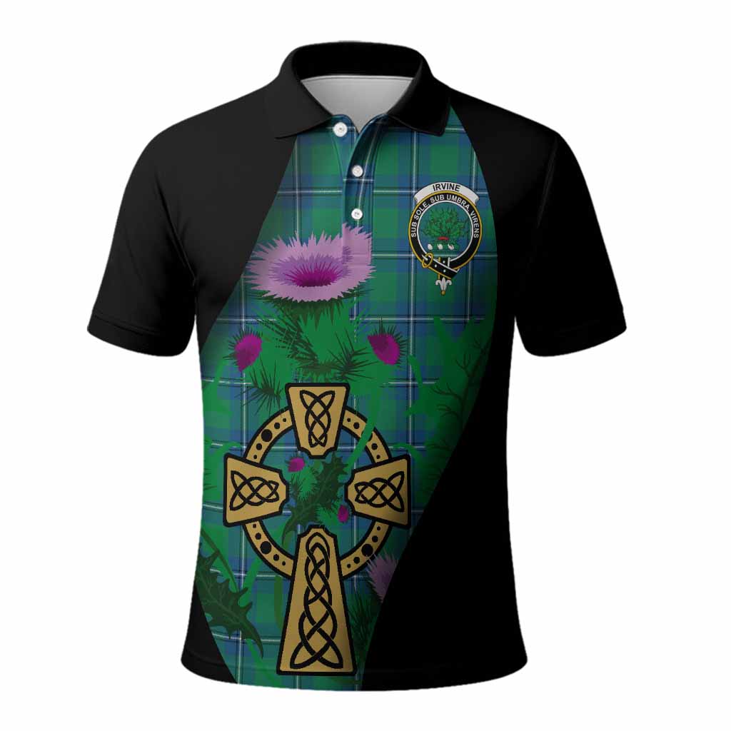 Irvine Tartan Crest Polo Shirt Celtic Cross Thistle Flowers