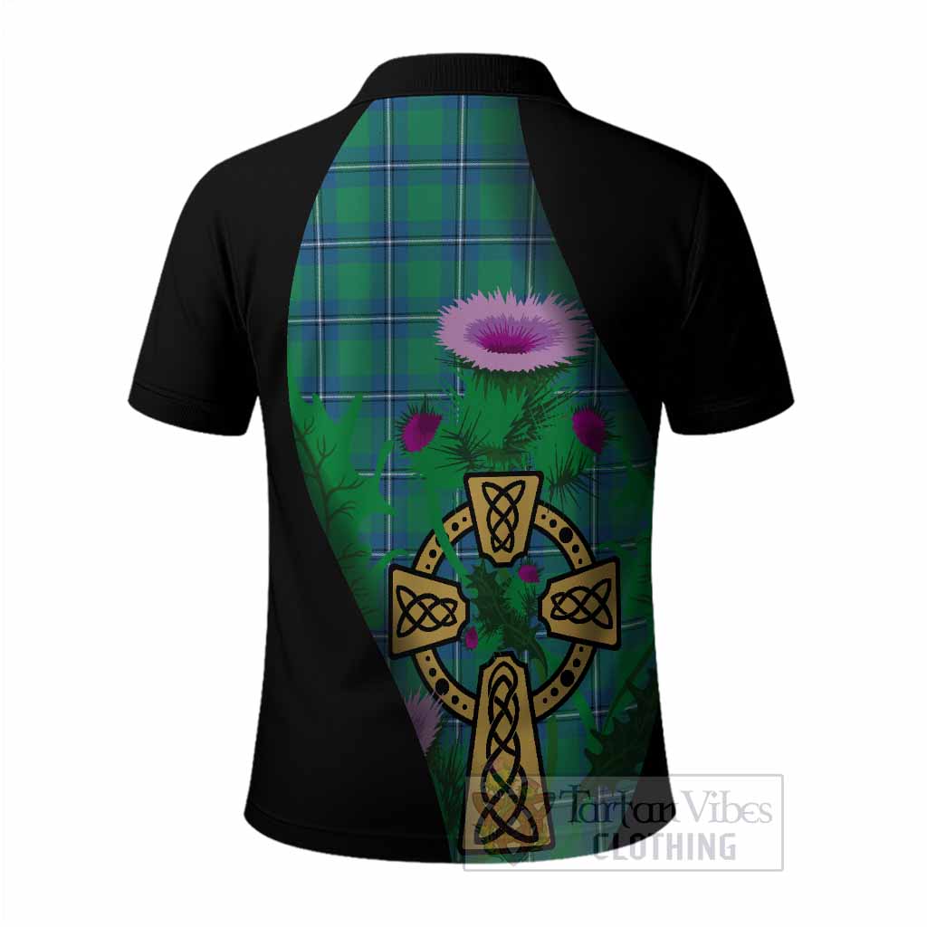 Irvine Tartan Crest Polo Shirt Celtic Cross Thistle Flowers