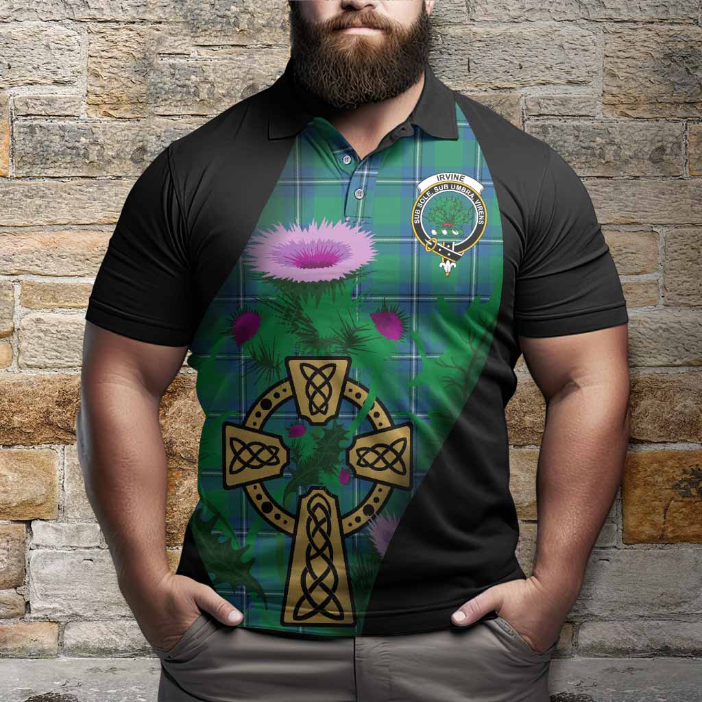 Irvine Tartan Crest Polo Shirt Celtic Cross Thistle Flowers