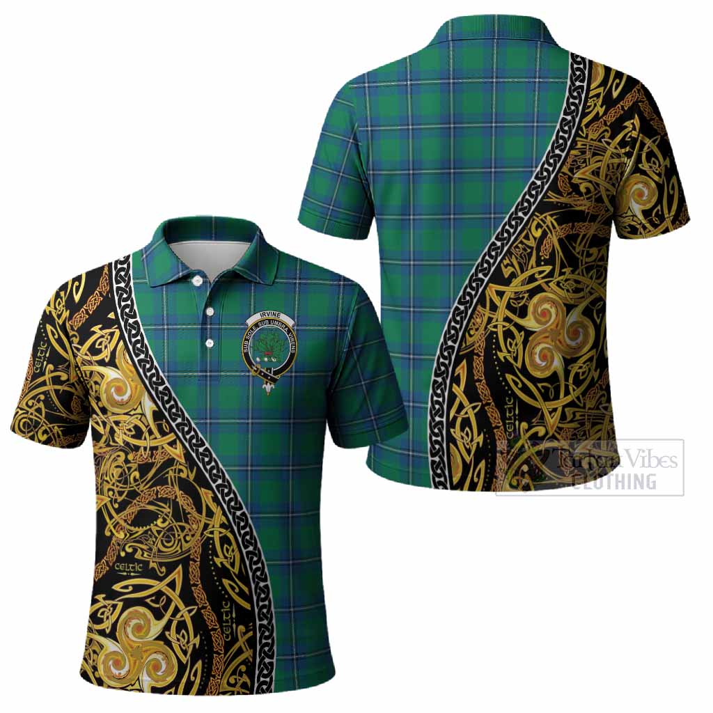 Irvine Tartan Crest Polo Shirt Celtic Knot and Triple Trickle Spiral Symbols