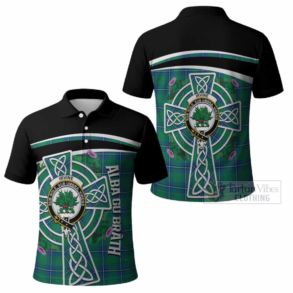 Irvine Tartan Crest Polo Shirt Scottish Thistle Celtic Cross Alba Gu Brath