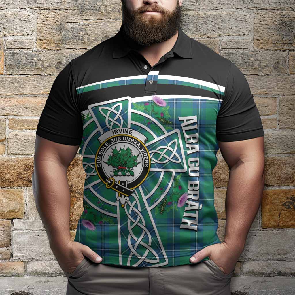 Irvine Tartan Crest Polo Shirt Scottish Thistle Celtic Cross Alba Gu Brath