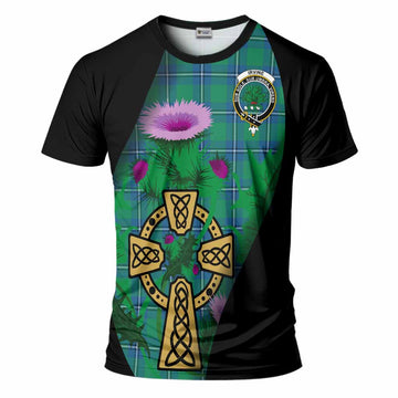 Irvine Tartan Crest T-Shirt Celtic Cross Thistle Flowers