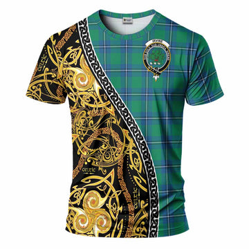 Irvine Tartan Crest T-Shirt Celtic Knot and Triple Trickle Spiral Symbols