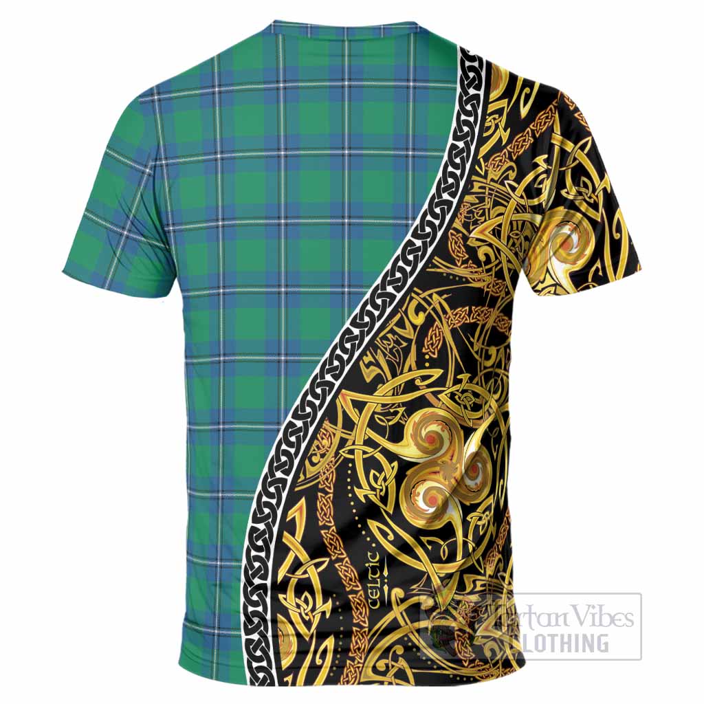 Irvine Tartan Crest T-Shirt Celtic Knot and Triple Trickle Spiral Symbols