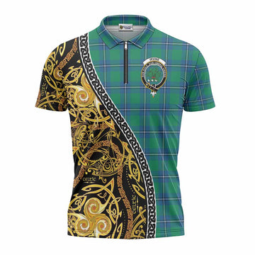 Irvine Tartan Crest Zipper Polo Shirt Celtic Knot and Triple Trickle Spiral Symbols