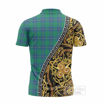 Irvine Tartan Crest Zipper Polo Shirt Celtic Knot and Triple Trickle Spiral Symbols