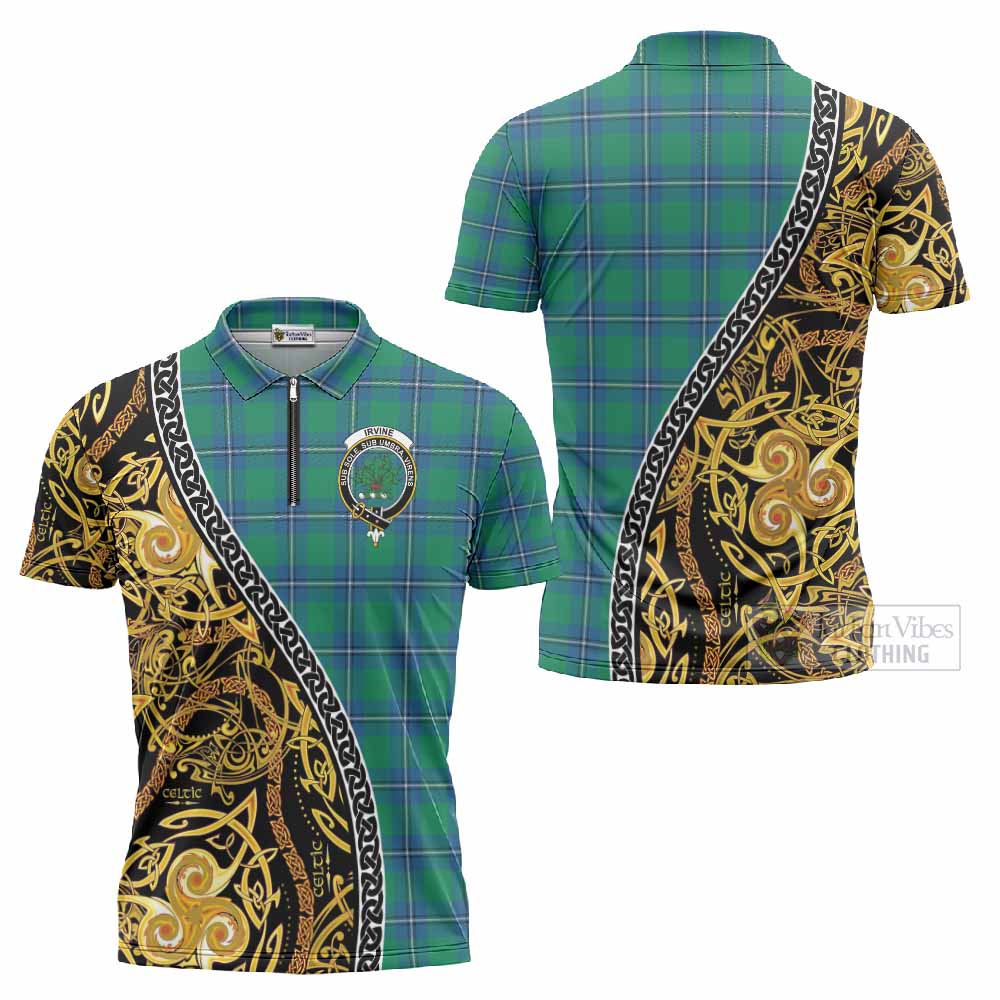 Irvine Tartan Crest Zipper Polo Shirt Celtic Knot and Triple Trickle Spiral Symbols