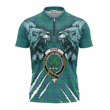 Irvine Tartan Crest Zipper Polo Shirt Ferocious Lion Style