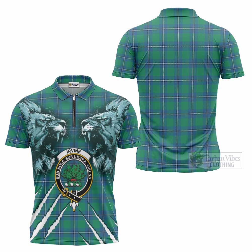 Irvine Tartan Crest Zipper Polo Shirt Ferocious Lion Style