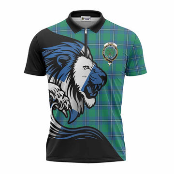 Irvine Tartan Crest Zipper Polo Shirt Scottish Golden Lions Wave Flow