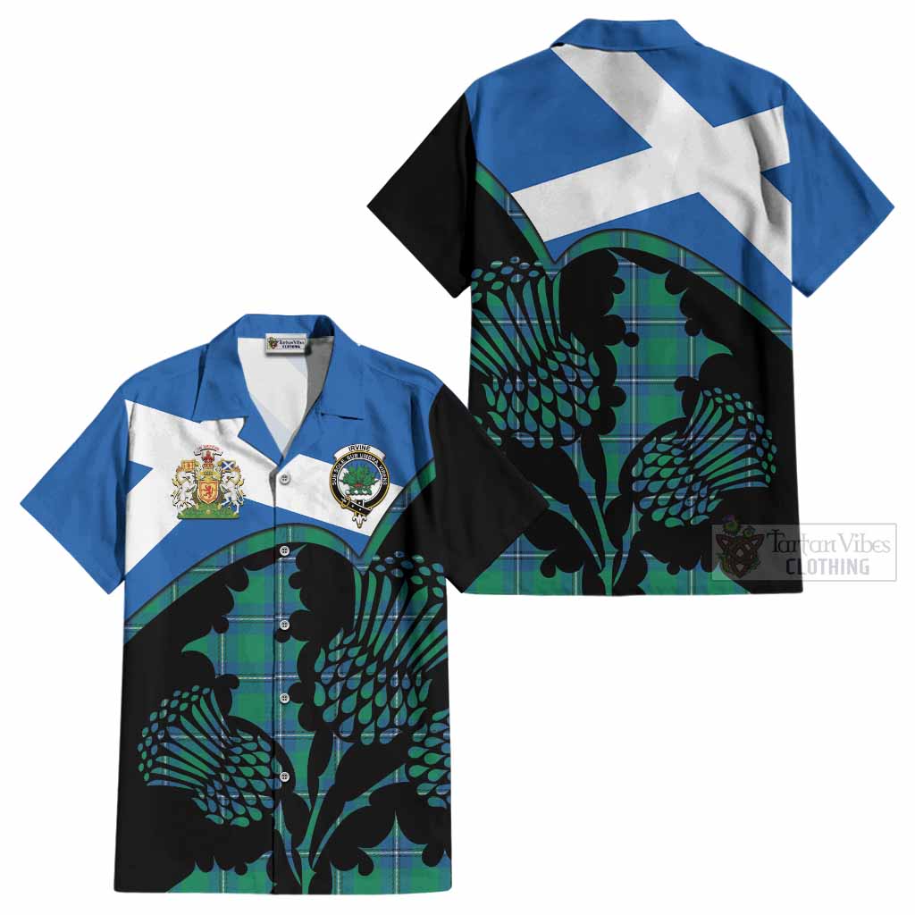 Irvine Tartan Family Crest Cotton Hawaiian Shirt Scotland Thistle Floral Flag Style