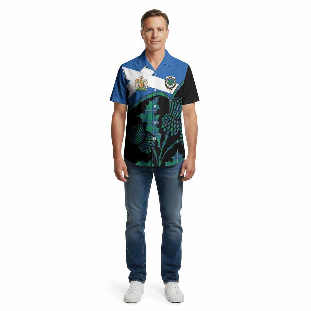 Irvine Tartan Family Crest Cotton Hawaiian Shirt Scotland Thistle Floral Flag Style