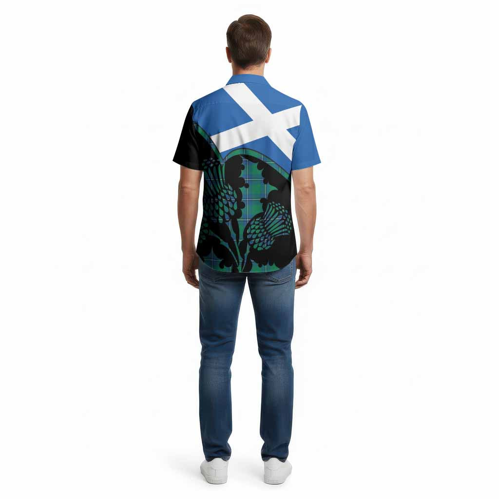 Irvine Tartan Family Crest Cotton Hawaiian Shirt Scotland Thistle Floral Flag Style