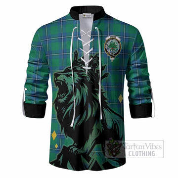Irvine Tartan Family Crest Ghillie Shirt Crowned Lion Roaring