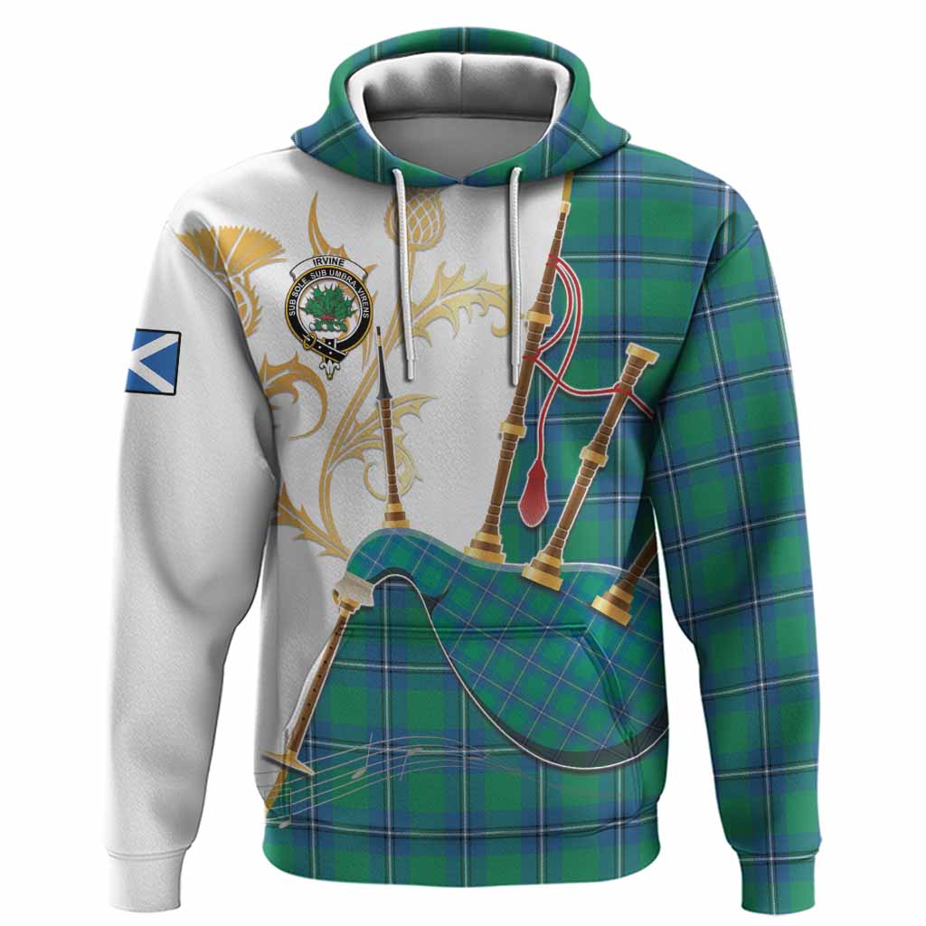 Irvine Tartan Family Crest Hoodie Bagpipes with Scottish Thistle