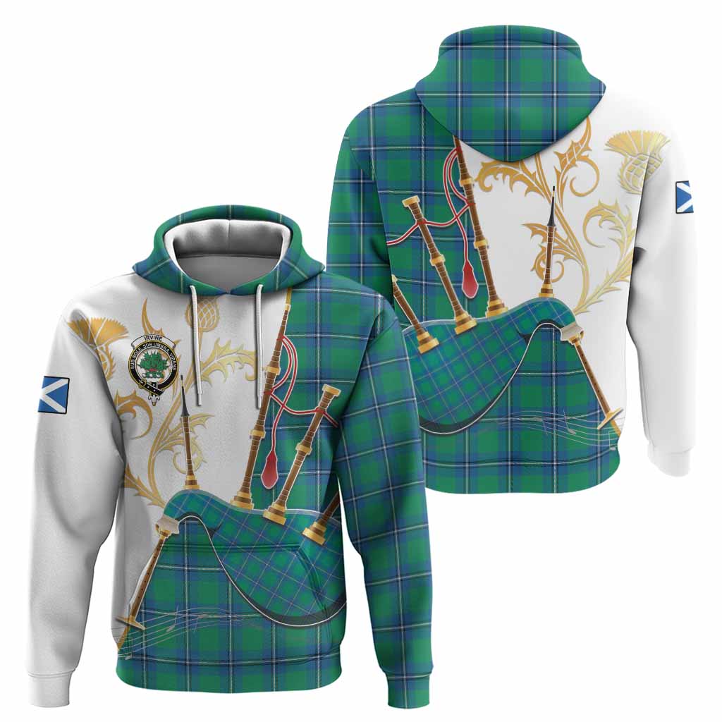 Irvine Tartan Family Crest Hoodie Bagpipes with Scottish Thistle
