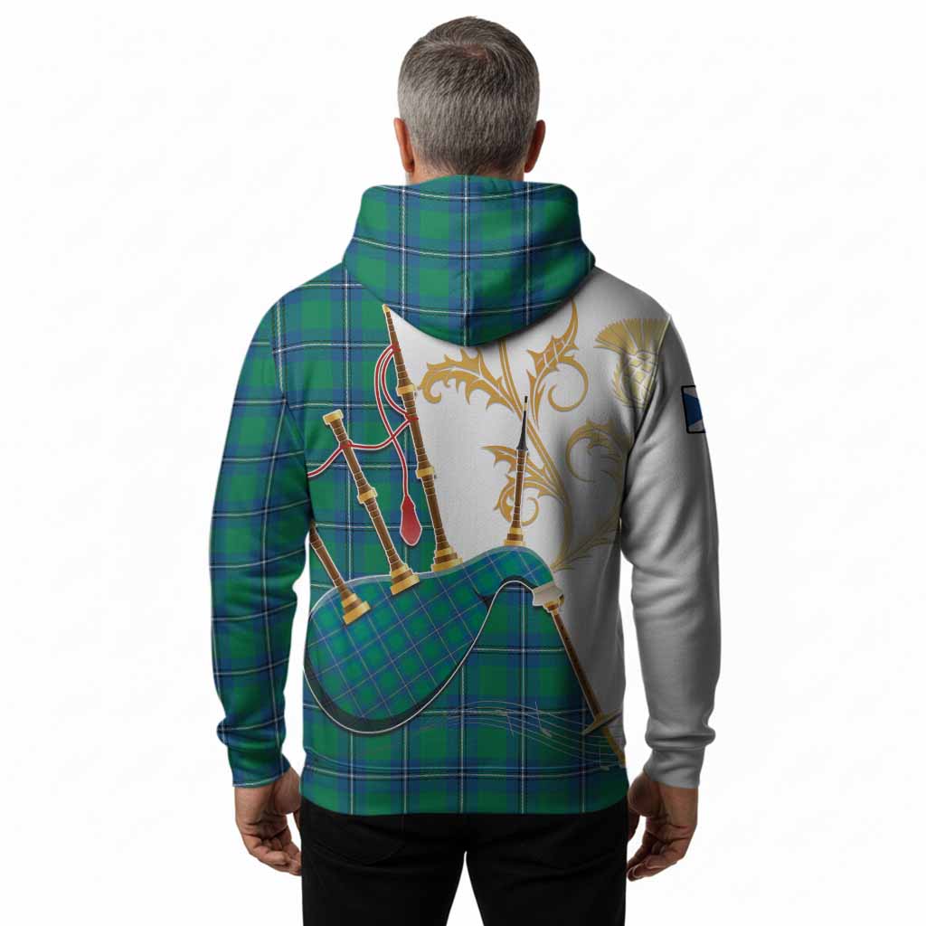 Irvine Tartan Family Crest Hoodie Bagpipes with Scottish Thistle