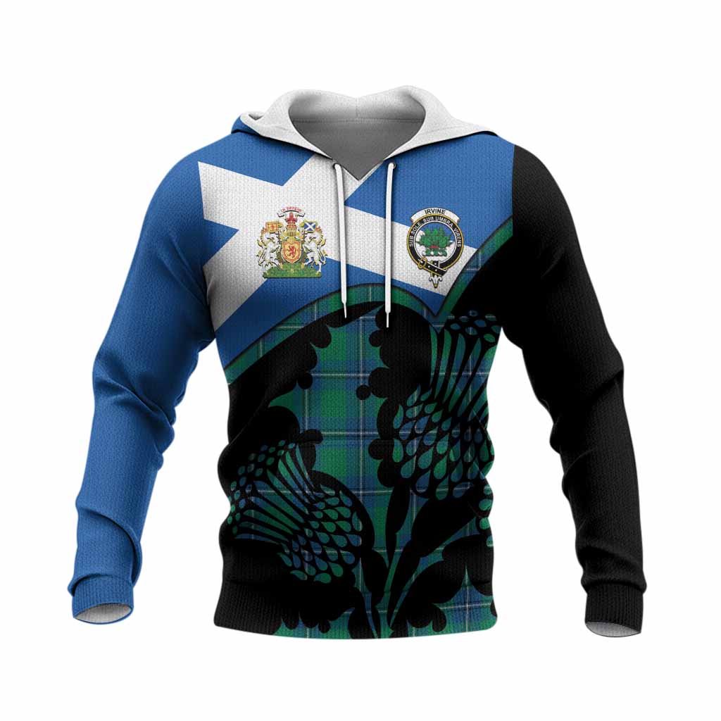 Irvine Tartan Family Crest Knitted Hoodie Scotland Thistle Floral Flag Style