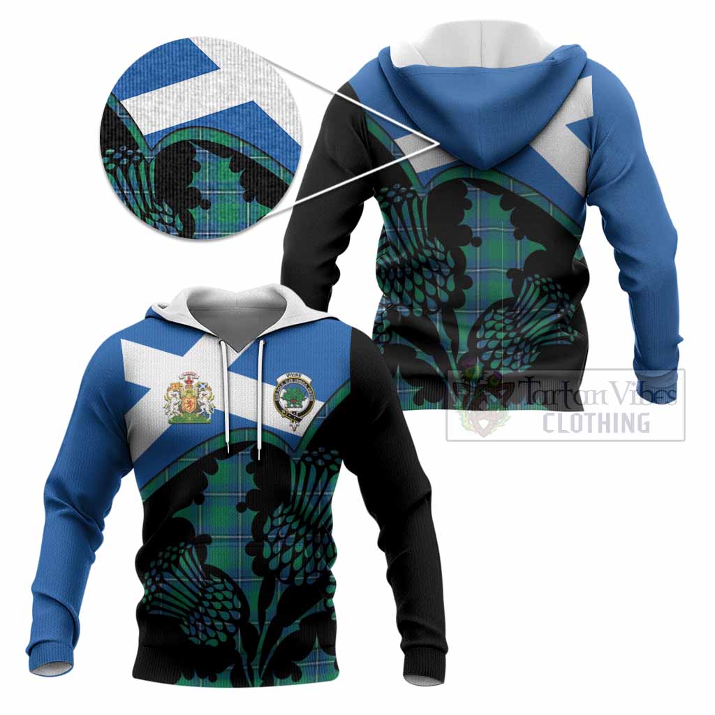 Irvine Tartan Family Crest Knitted Hoodie Scotland Thistle Floral Flag Style