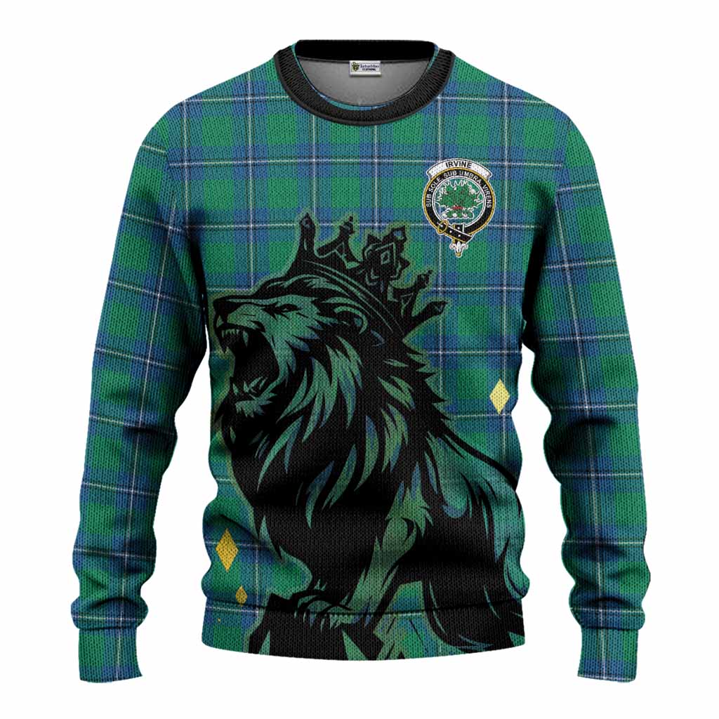 Irvine Tartan Family Crest Knitted Sweater Crowned Lion Roaring